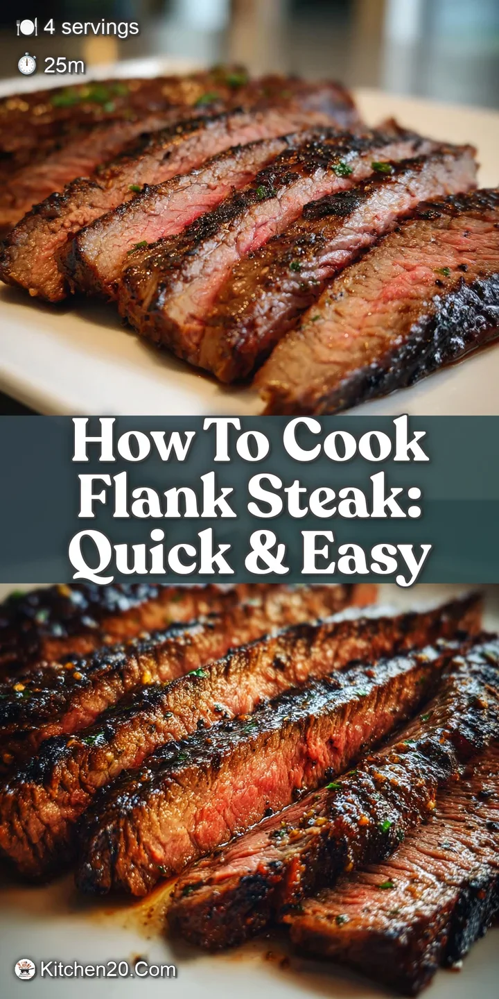 Close-up shows the rich, deep-brown crust of a pan-seared flank steak with a juicy, pink interior. Sprinkling of black pep...