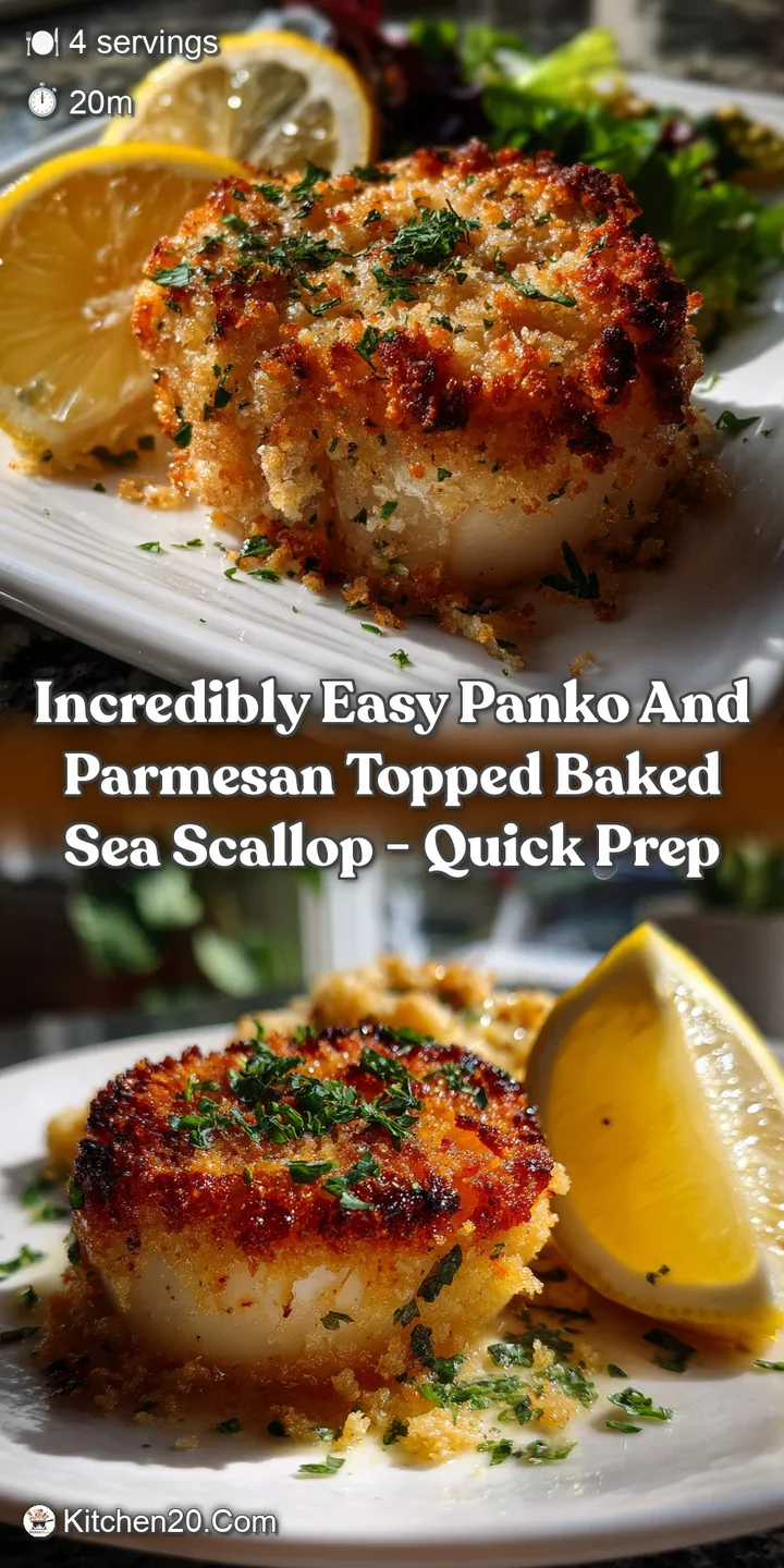 Close-up of baked scallops with a glistening, golden crust. The tender, creamy scallop meat and crispy topping are enticing.