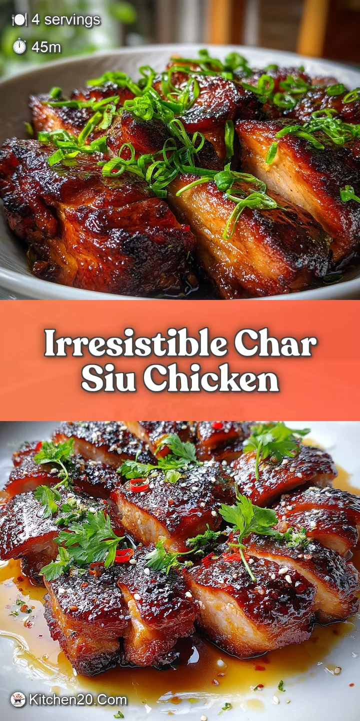 Close-up of tender char siu chicken showcasing the caramelized glaze and juicy interior; a tempting bite beckons with rich...