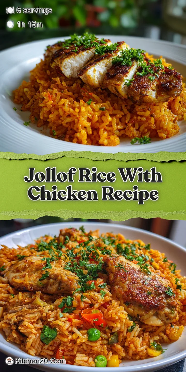 Close-up showcasing the moist texture and rich color of Jollof rice, studded with peppers and served with juicy chicken.