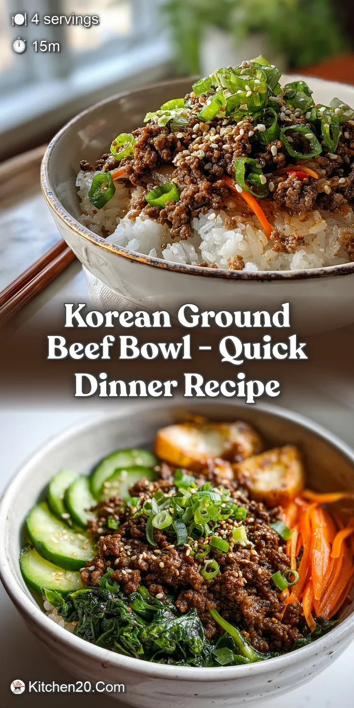 Shiny, savory Korean ground beef, caramelized and glistening, piled high over rice with a vibrant mix of colorful crisp ve...