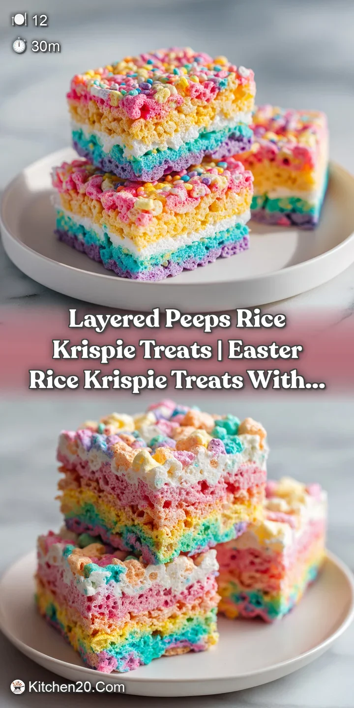 Close-up of chewy, golden Rice Krispie treats studded with pastel, squishy Peeps marshmallows.