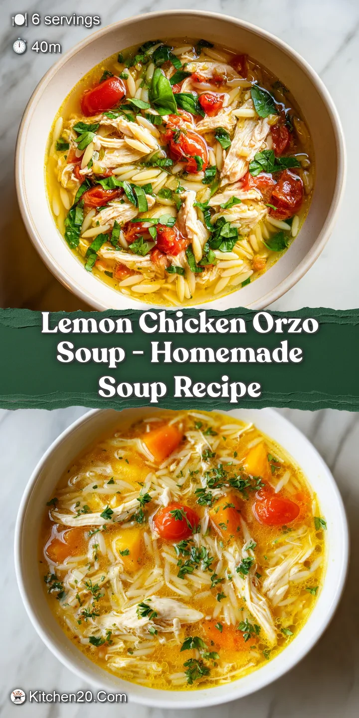Steaming lemon chicken orzo soup. Chunks of chicken, tiny pasta and herbs float in a light broth, warm and inviting.