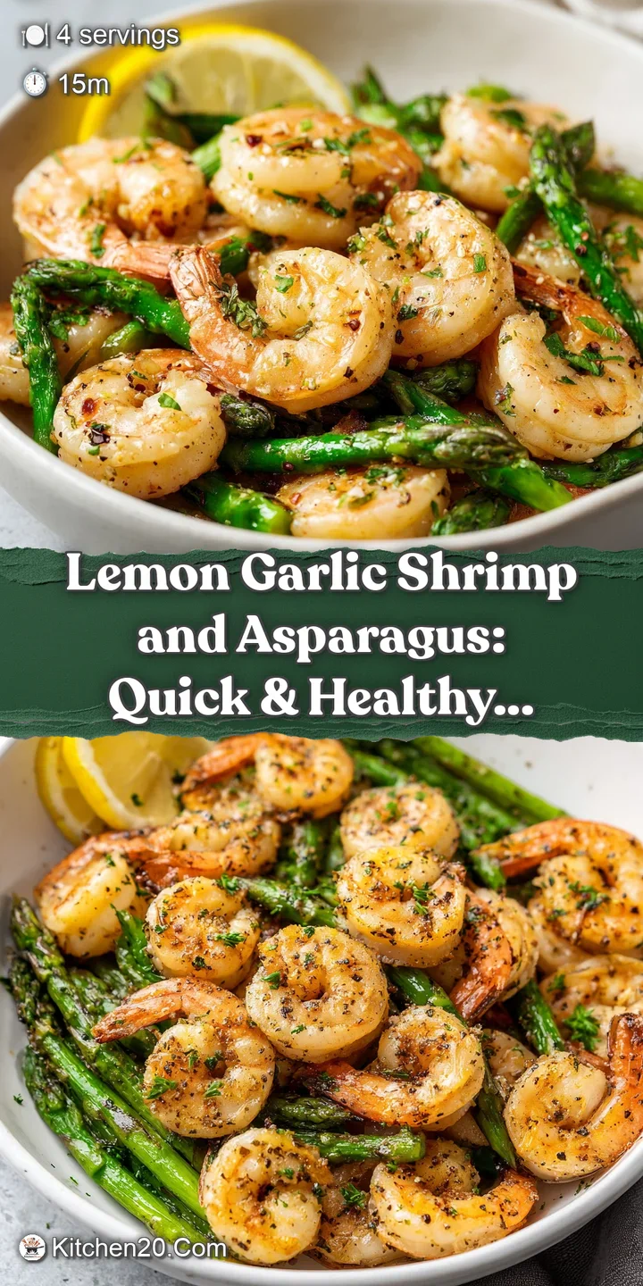 Juicy, roasted shrimp coated in a lemon garlic sauce, nestled among tender asparagus. Close up shot reveals the delectable...