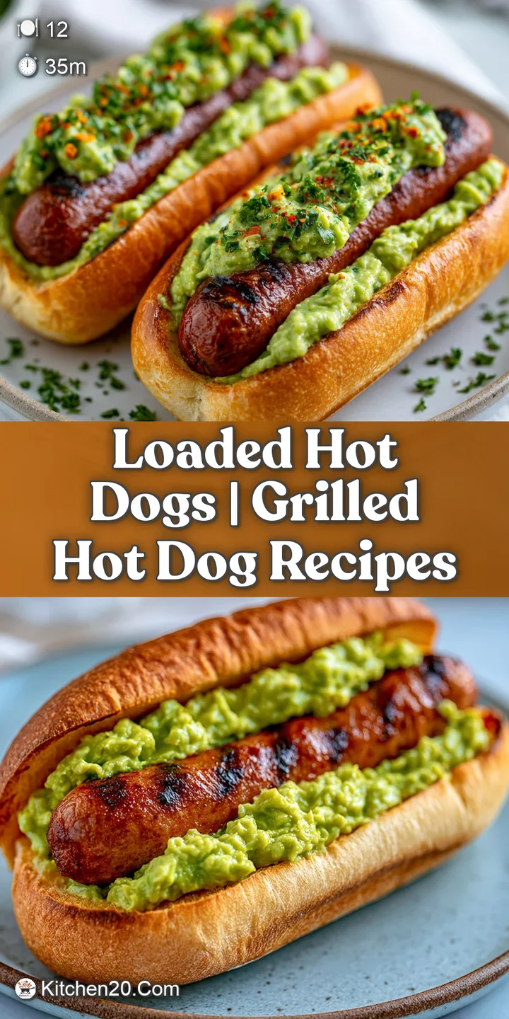 Close-up of a juicy grilled frankfurter topped with a thick, creamy green sauce and a sprinkle of red pepper.