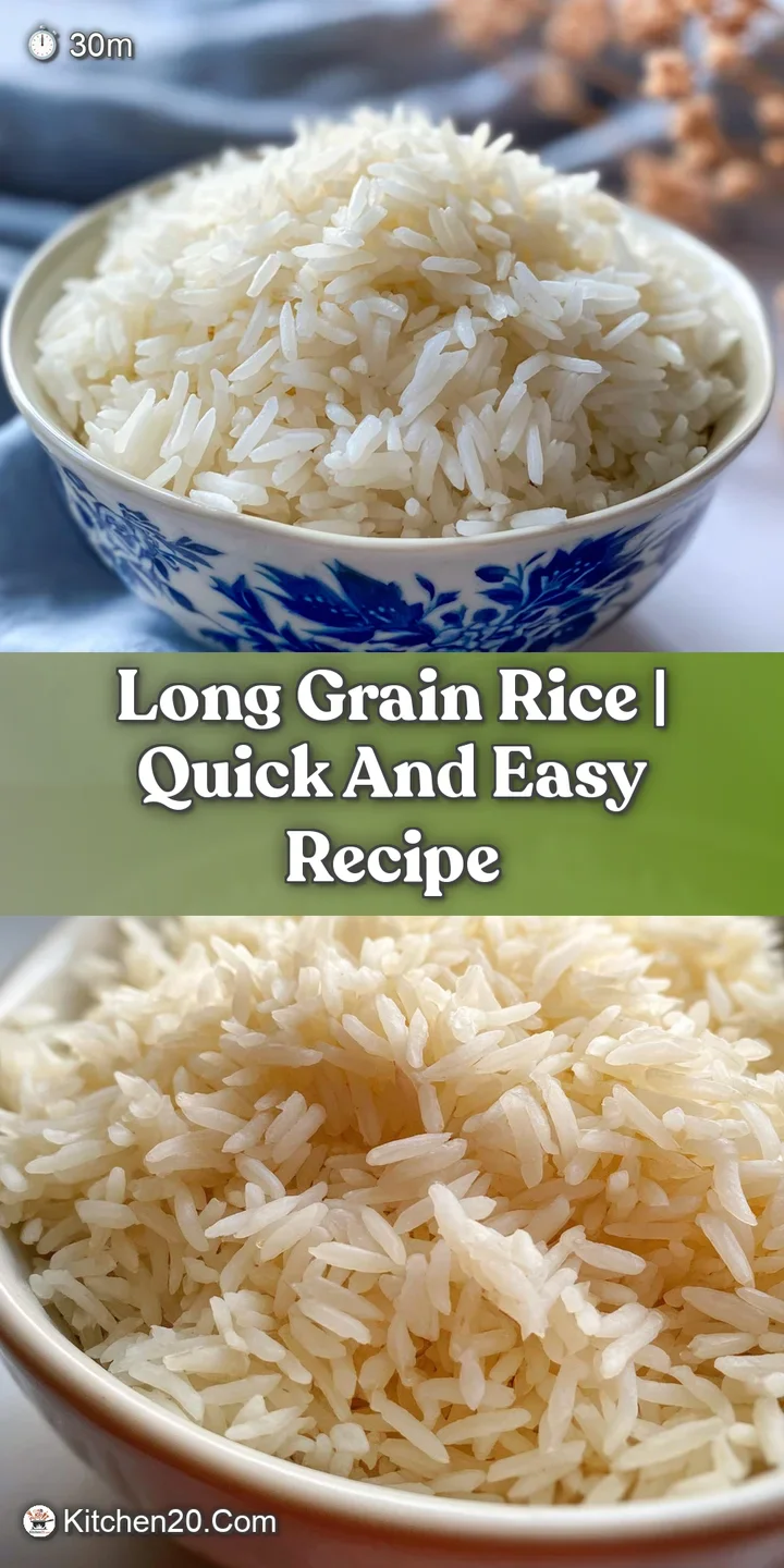 Close-up of fluffy, perfectly cooked long-grain rice. Each grain is distinct, white, and slightly translucent, showing air...