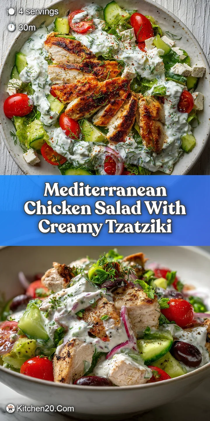 Close-up captures grilled chicken, juicy tomatoes, cucumber. Tzatziki sauce adds a creamy, cool contrast to the vibrant, f...