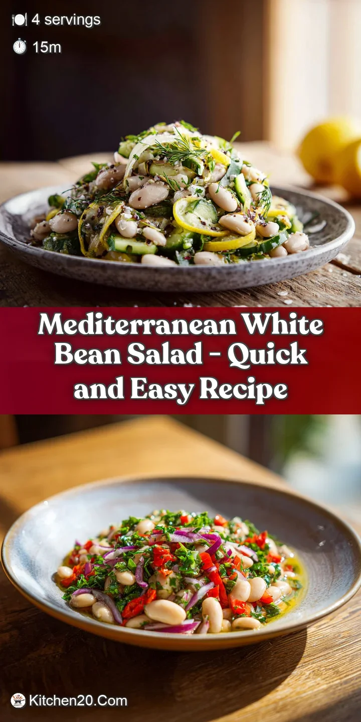 Close-up shows the glistening surface of creamy white beans, mingled with fresh herbs and colorful bits of red onion.