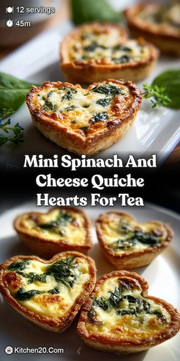 Close-up of a mini spinach quiche heart. Note the golden-brown, flaky crust and the inviting, creamy spinach and cheese fi...