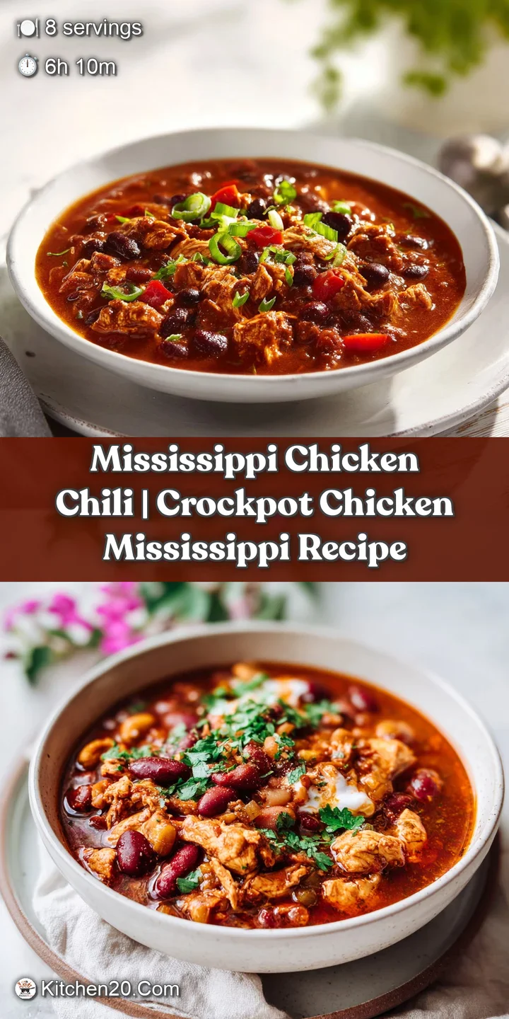 Close-up of steaming, deep-red chili with shredded chicken, a swirl of cream cheese, and a sprinkle of vibrant green scall...