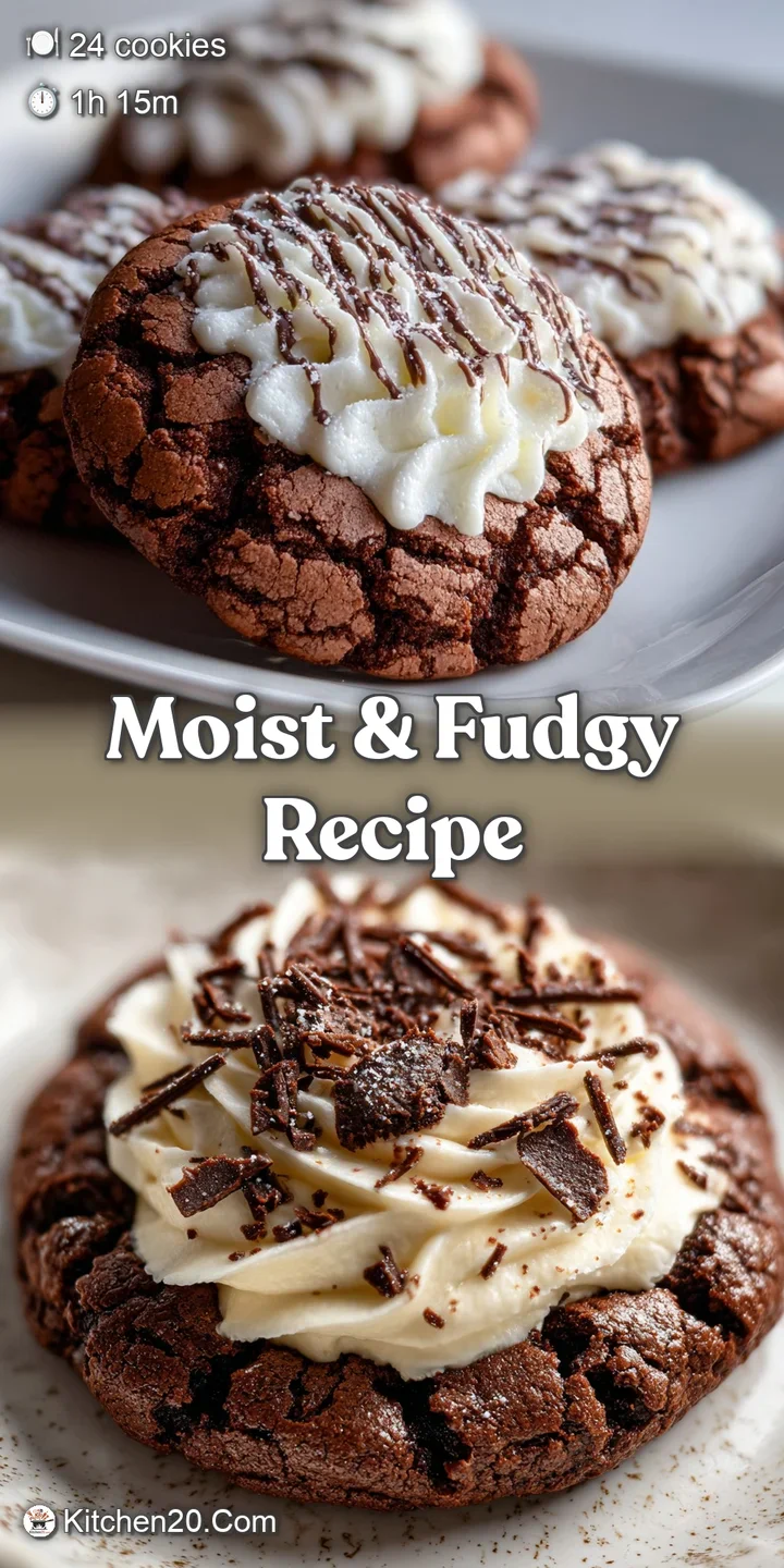 Close-up: deeply fissured, dark chocolate crinkle cookie with a generous swirl of rich, tangy cream cheese frosting.