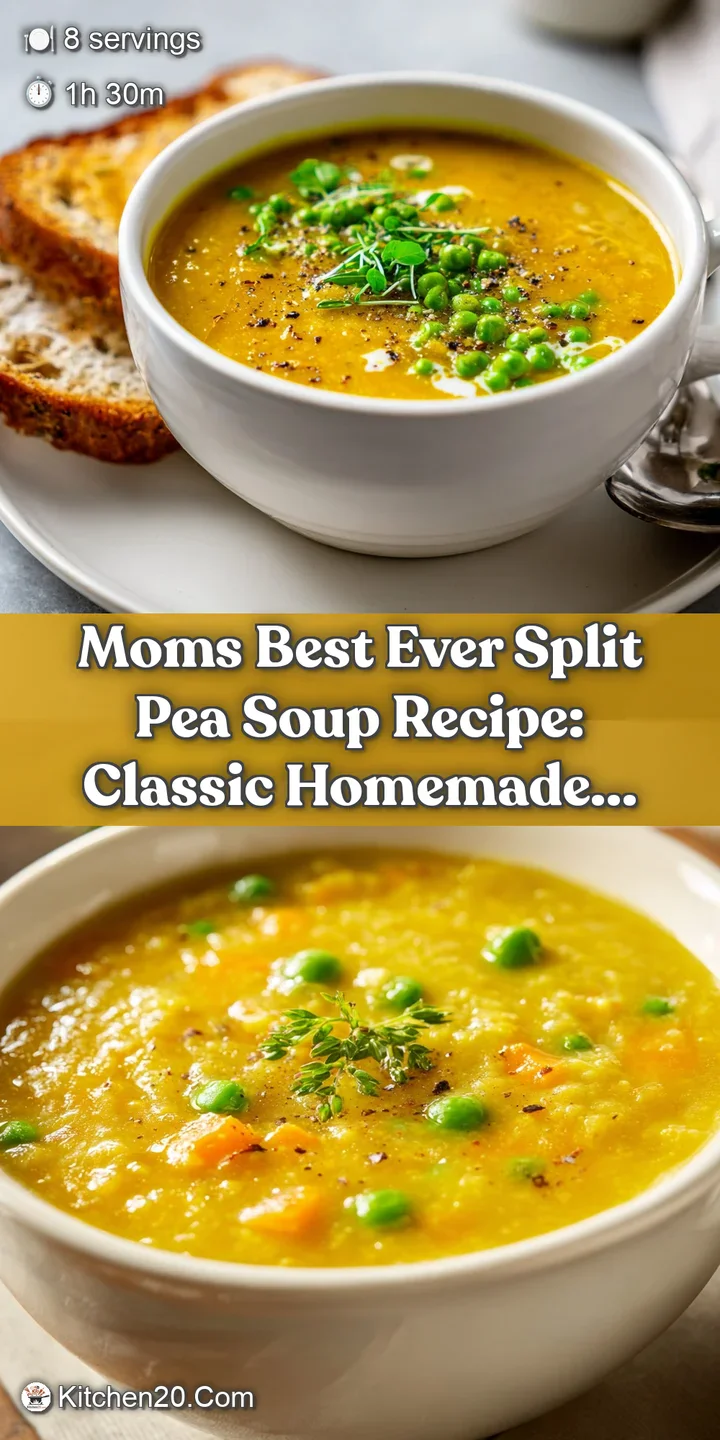 Close-up of vibrant green split pea soup, dotted with tender ham, showcasing its rich texture and inviting warmth.