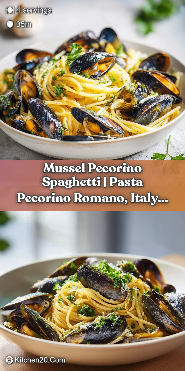 Close-up of tender mussels nestled amongst glossy spaghetti, with hints of garlic and a dusting of grated pecorino cheese.