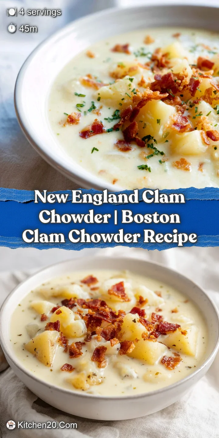 Extreme close-up of creamy white soup with tender clam meat and soft potato cubes, shimmering under warm light.