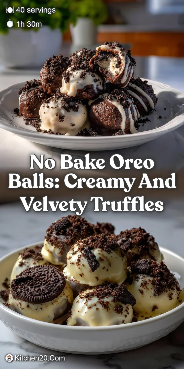 A close-up of a halved Oreo ball revealing a creamy, white interior. A rich, dark chocolate coating and a light dusting of...