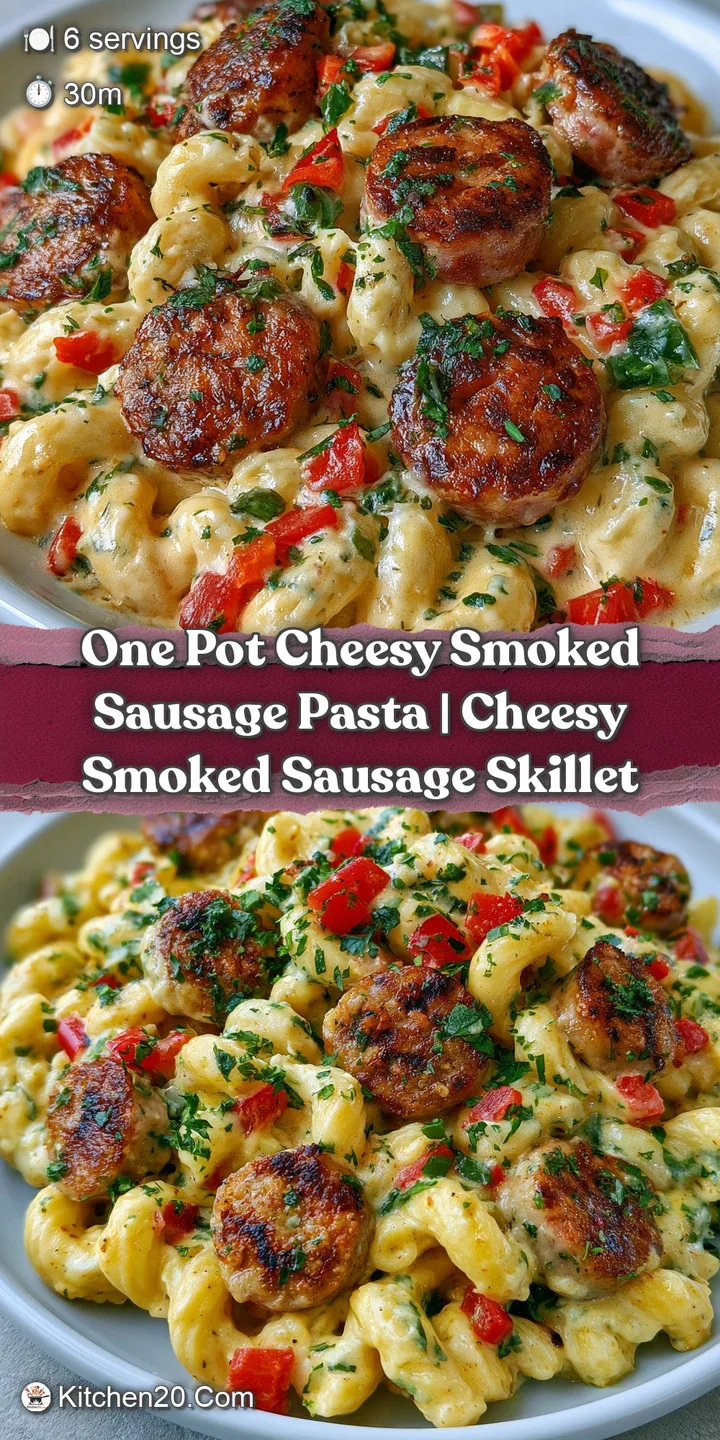 Close-up of glistening, browned smoked sausage and tender pasta coated in a rich, golden cream sauce.