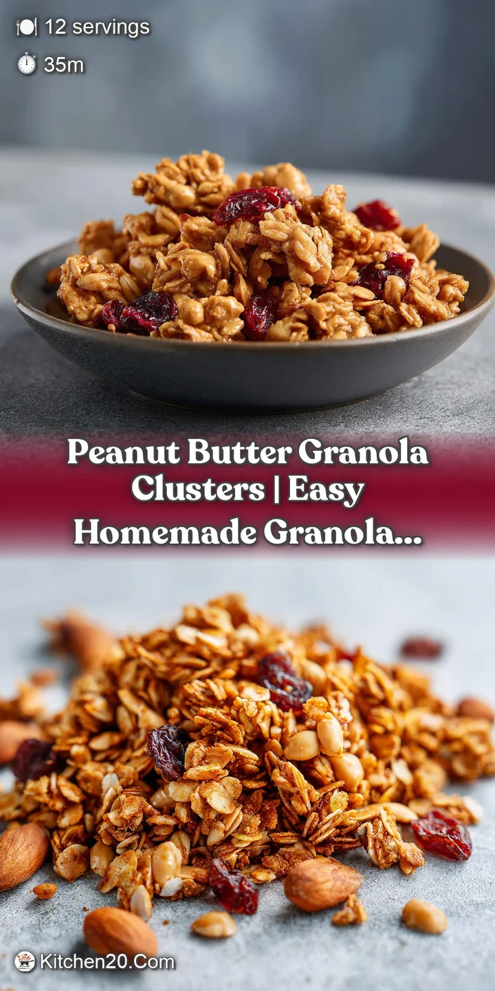 Close-up of a crunchy, golden peanut butter granola cluster with visible oats and a tempting texture.