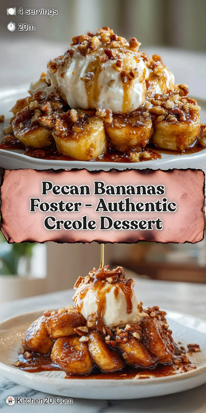 Close-up of warm Bananas Foster, glistening with a rich, amber caramel sauce. Toasted pecans and softened bananas create i...