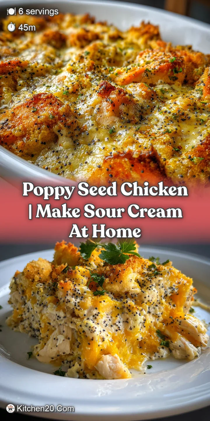 Close-up of crispy baked poppy seed chicken casserole, highlighting the golden crust, creamy filling, and crunchy topping.