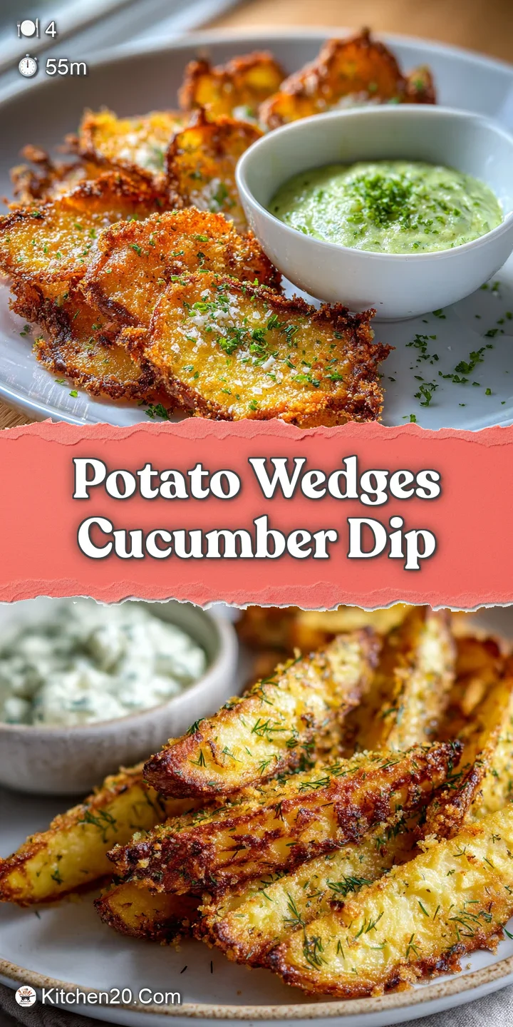 Close-up capturing the rough, textured surface of the baked potato wedges alongside a vibrant cucumber dip, cool and fresh...
