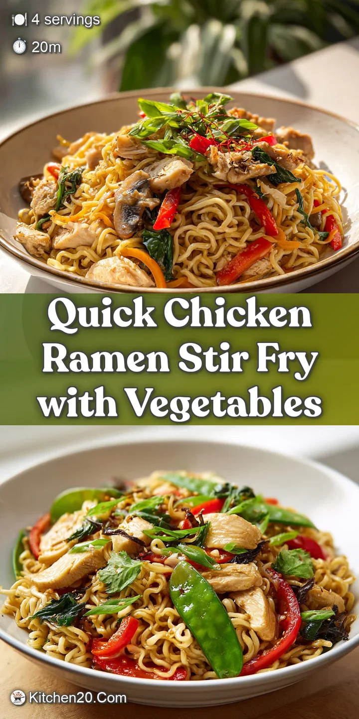 Close-up shows the glistening noodles, juicy chicken, and colorful peppers of this appetizing chicken ramen stir-fry.