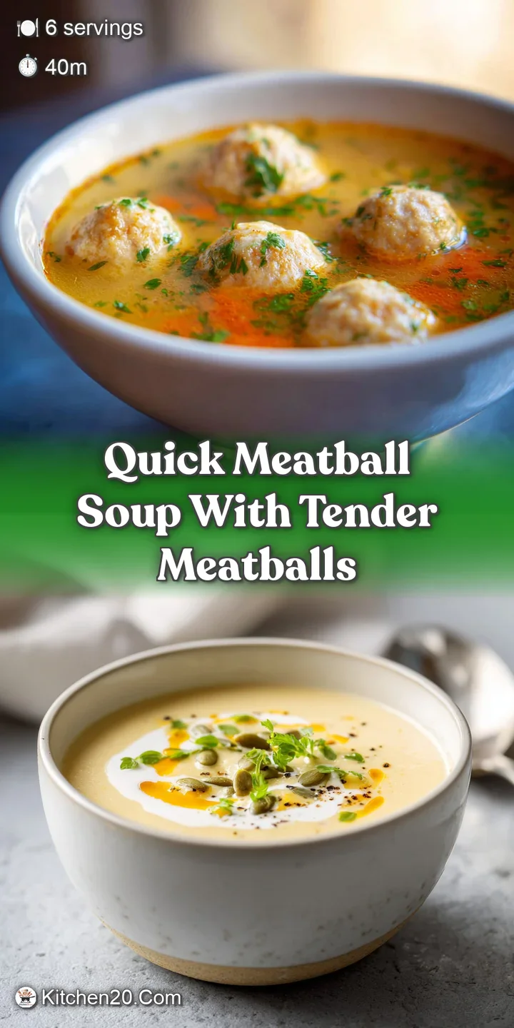 Close-up of savory meatball soup: juicy meatballs, tender vegetables, and herbs swimming in a flavorful, steaming broth. C...