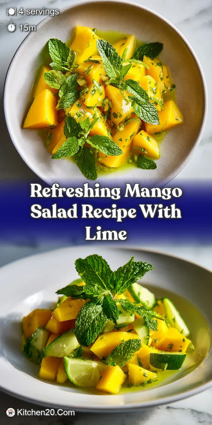 Juicy chunks of ripe mango in a refreshing salad, the glossy lime dressing highlighting the vibrant colors of the dish.