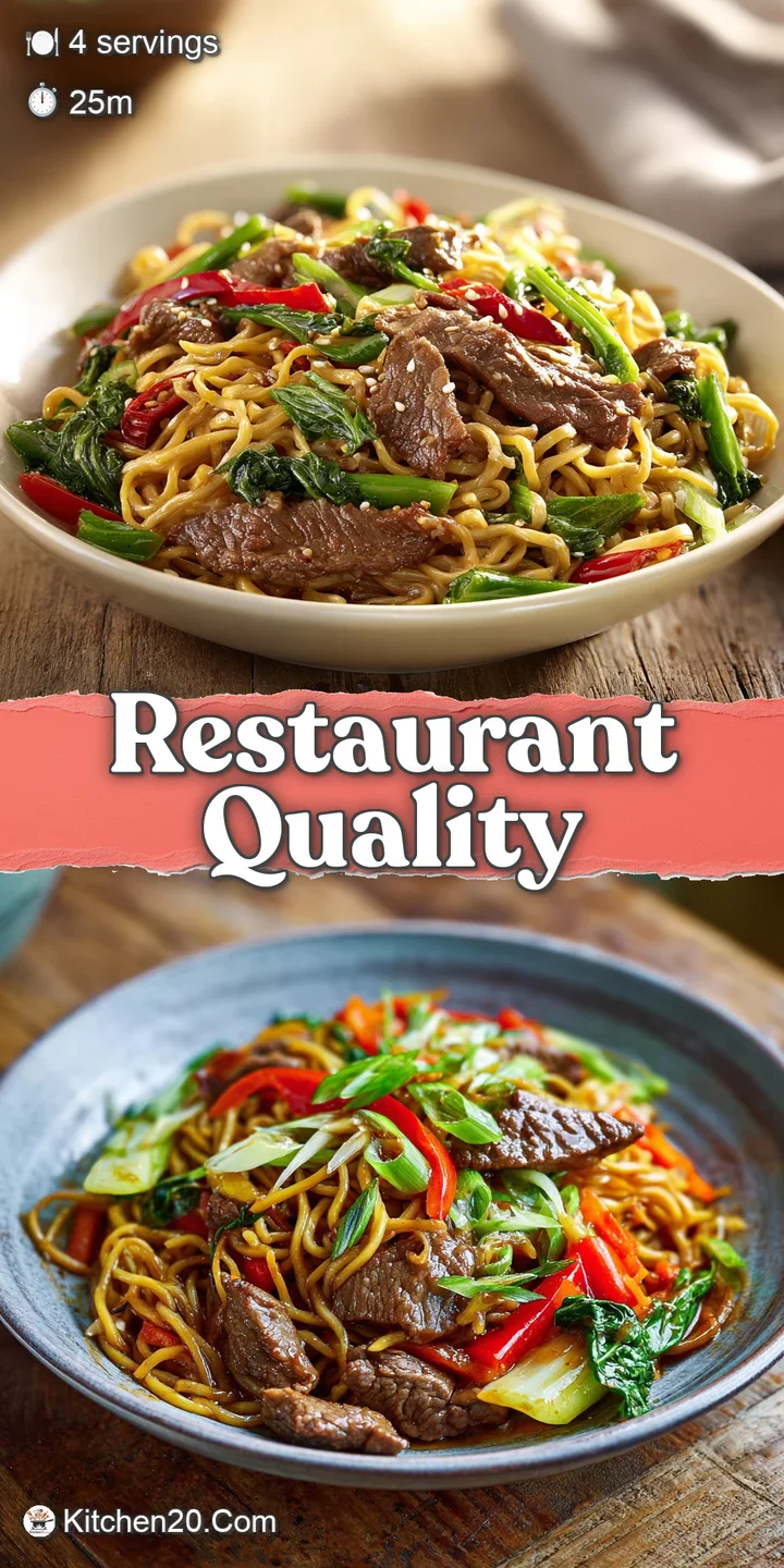 Close-up of savory, glistening beef chow mein with crisp noodles and colorful veggies. An appetizing, textured shot.