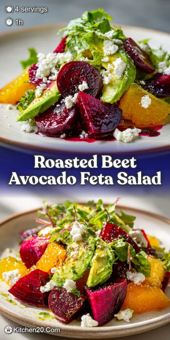 Close-up view of juicy roasted beet slices, smooth avocado, and crumbly feta cheese glistening with dressing, a delicious ...
