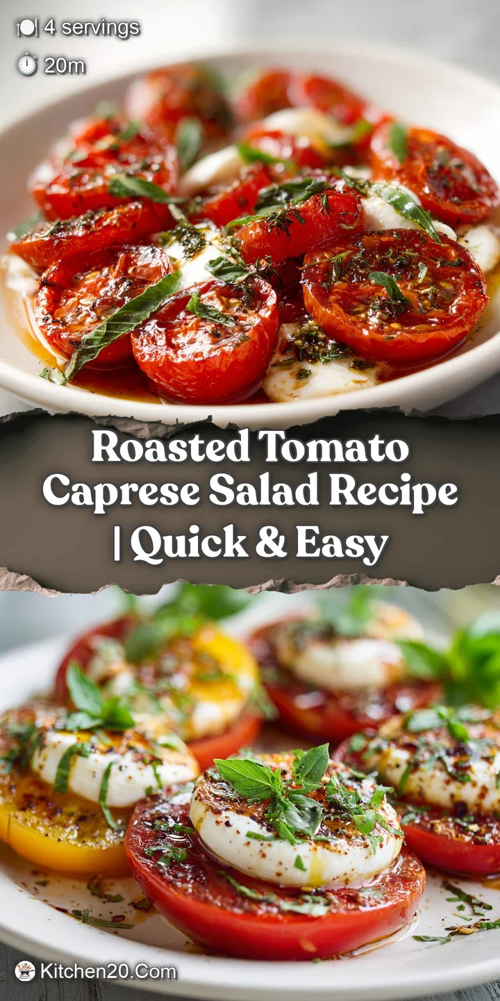 Close-up: juicy roasted tomatoes bursting with flavor, soft mozzarella, bright basil, and a drizzle of rich, golden olive ...