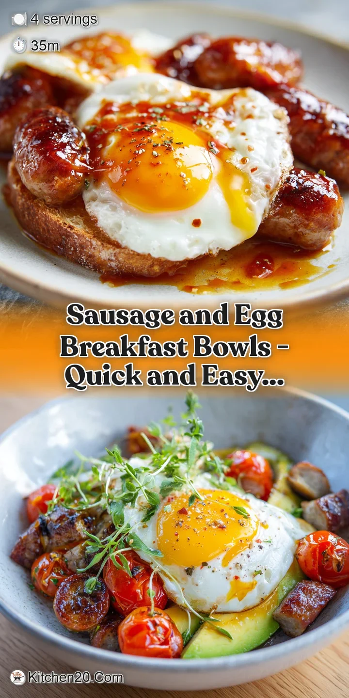 Close-up of a breakfast bowl with rich yellow eggs and crispy sausage; hints of herbs create an appetizing, healthy start.