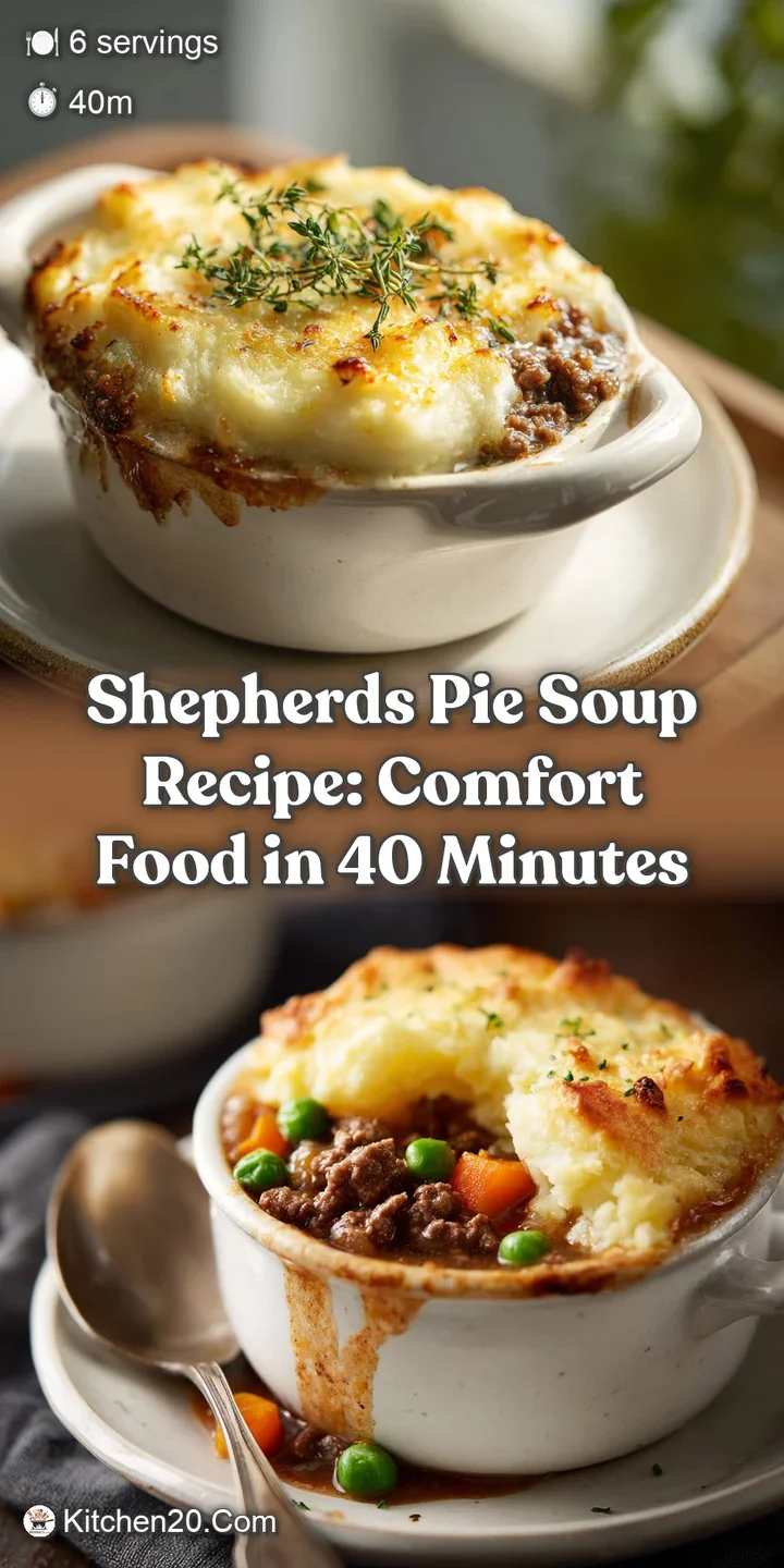 Close-up of steaming soup with dollops of creamy mashed potatoes. Diced carrots and herbs add pops of color. A spoonful of...