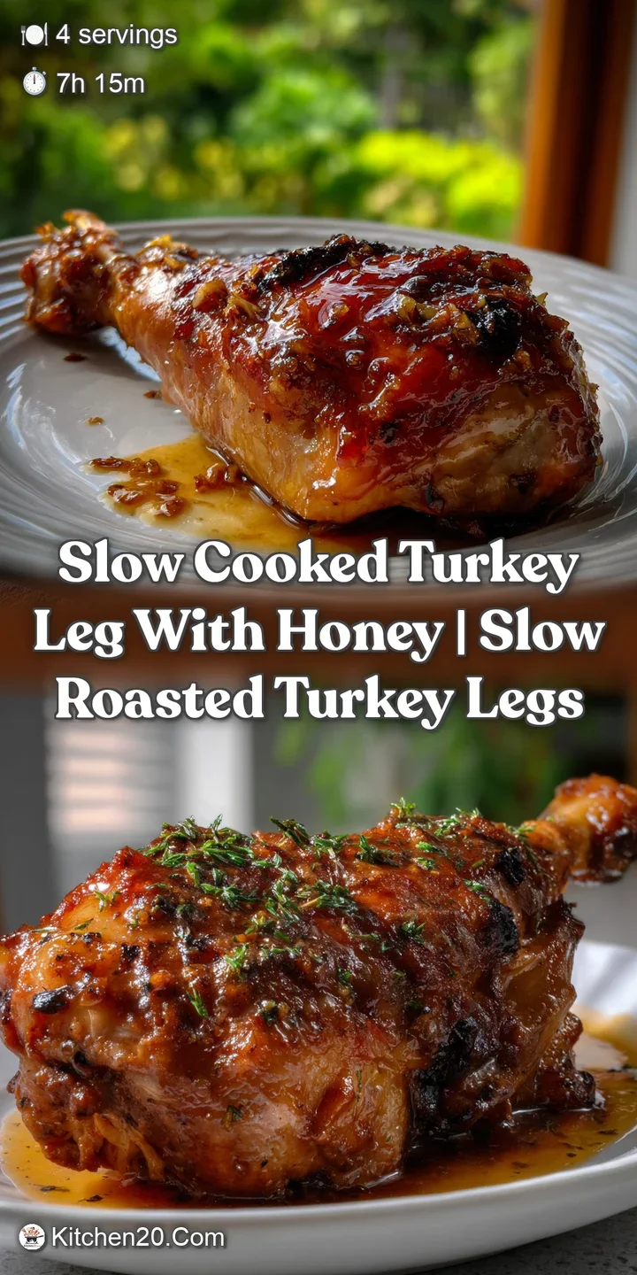 Close-up of a succulent turkey leg, showing the rich, caramelized skin contrasted with the tender, juicy meat and honey gl...