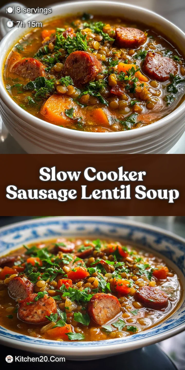 Close-up of thick lentil soup, chunks of sausage visible, steam rising. A spoonful of savory goodness awaits.