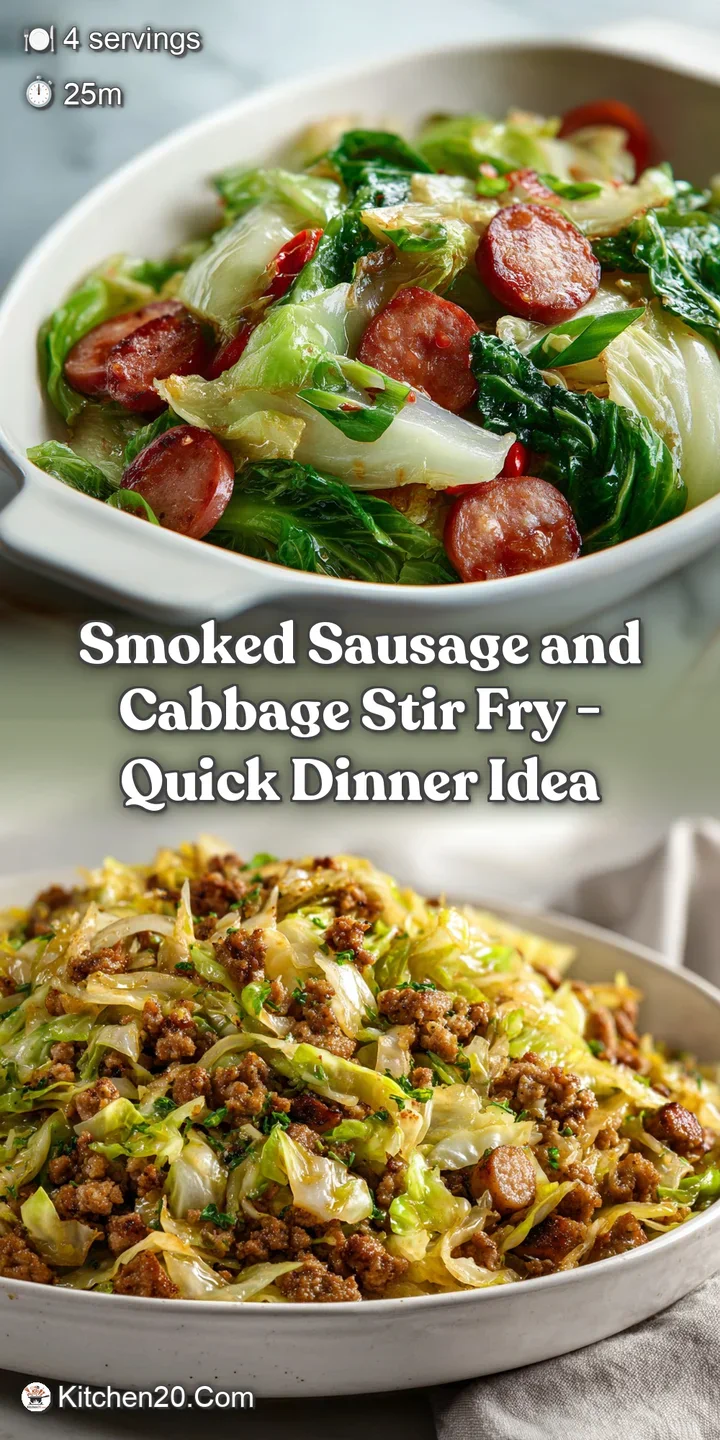 Close-up of glossy, tender cabbage with crispy sausage edges. Hints of smoke and spice radiate from this savory stir fry.