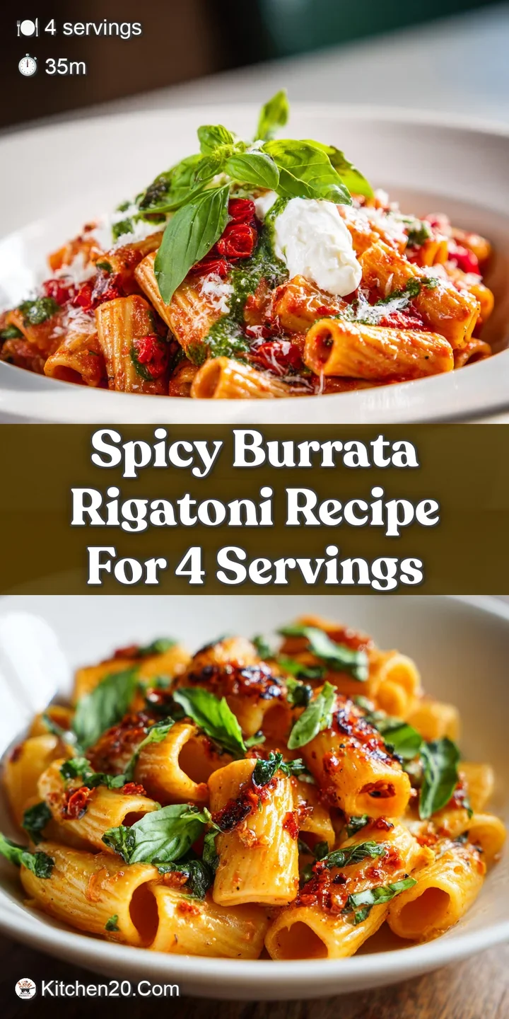 Close-up of spicy rigatoni: Rich tomato sauce clinging to pasta, oozing burrata, and a bright, peppery red chili flake dus...