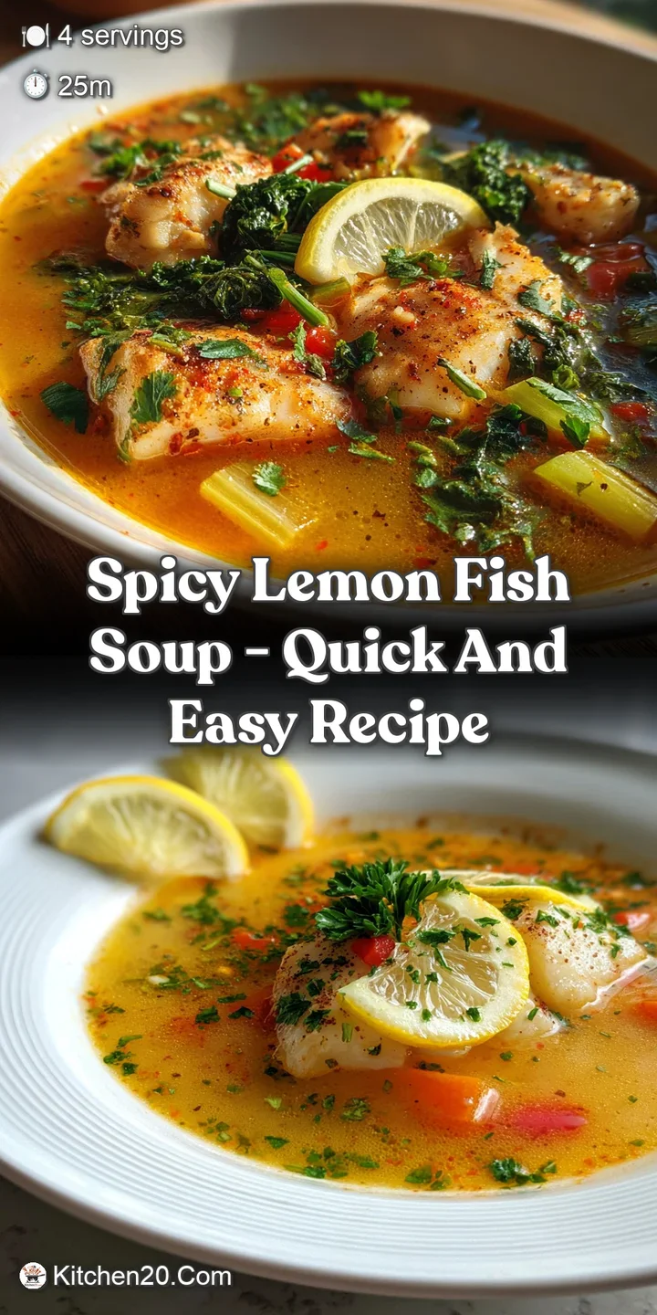 Close-up of a flavorful, spicy lemon fish soup with visible flakes of red pepper and fresh herbs floating in the broth.