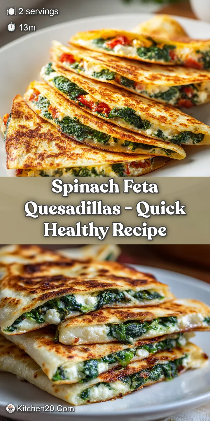 Close-up of a golden quesadilla. The melted feta and vibrant spinach filling peek from the warm, toasted tortilla. Slightl...