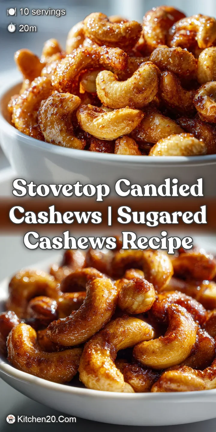 Close-up of candied cashews, highlighting the uneven, crystalline sugar crust against the warm, nutty tones and textured s...