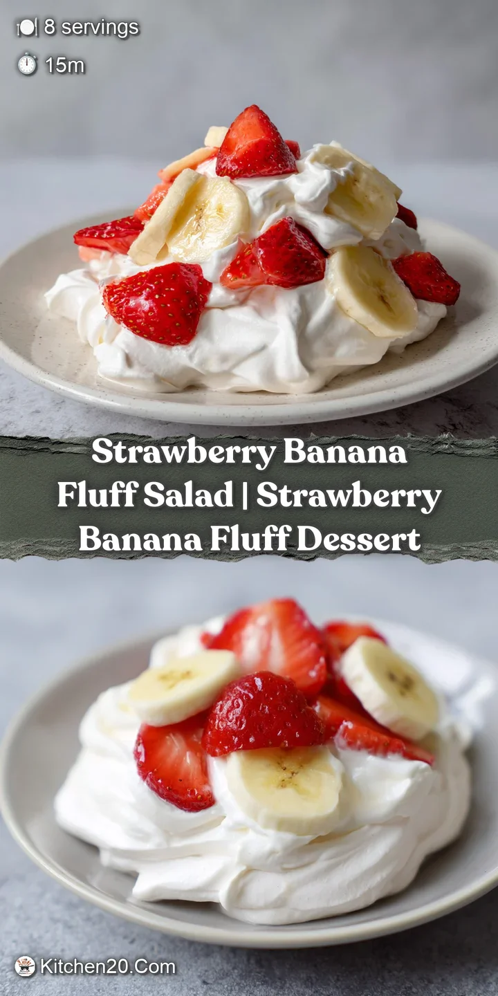 Close-up of a fluffy, whipped pink dessert featuring juicy strawberry chunks and soft, creamy banana slices.