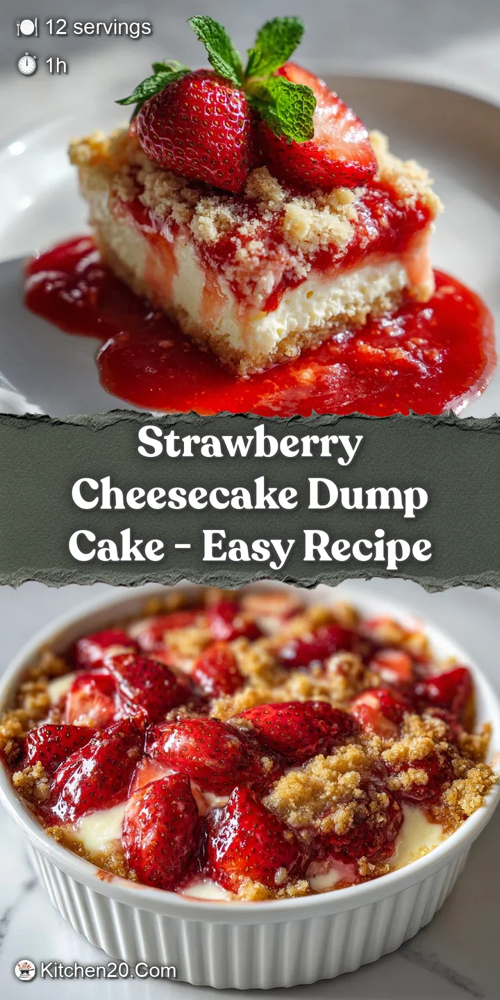 Close-up showcasing the juicy, bright red strawberries nestled in the soft, golden, and slightly crunchy cheesecake dump c...