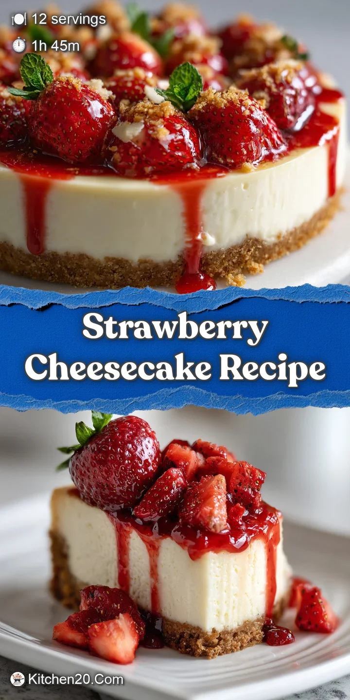 Close-up captures the silky, glossy surface of a strawberry cheesecake, hinting at its rich and decadent texture.
