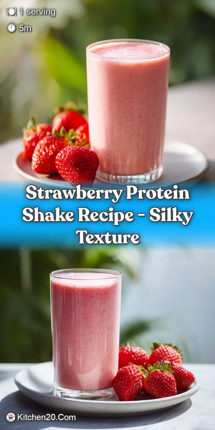 Close-up of a creamy, pale pink strawberry shake with flecks of red. Droplets cling to the condensation on the cool glass.