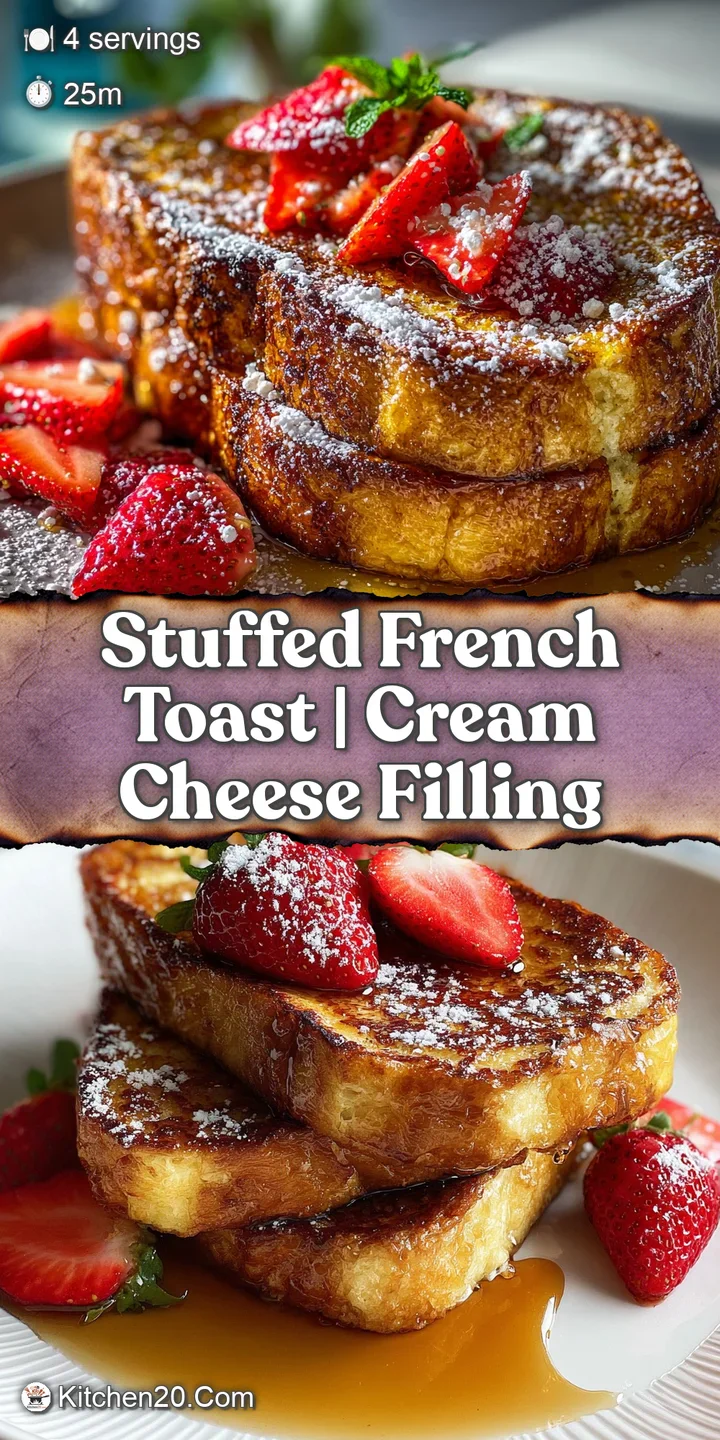 Close-up of strawberry stuffed French toast oozing with a soft, cream filling. Soft lighting highlights golden brown edges.
