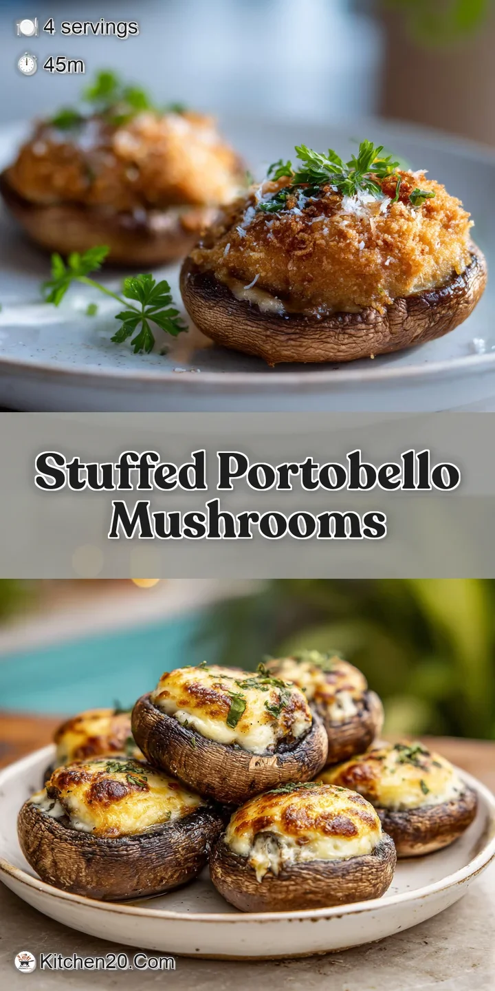 Close-up of a savory stuffed portobello mushroom, bursting with a colorful mix of herbs and vegetables, creating a hearty ...