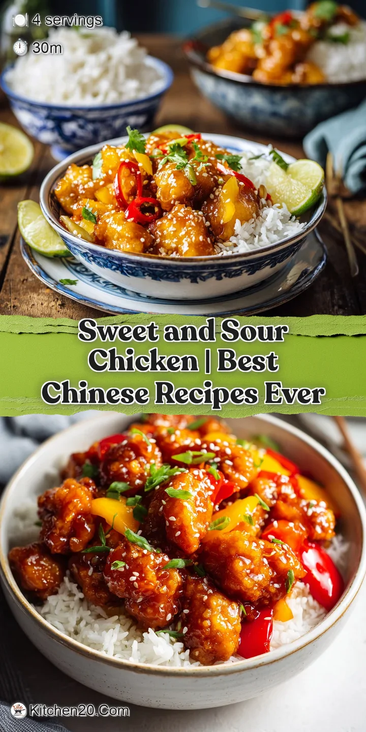 Close-up of tender chicken pieces coated in rich, glistening sweet and sour sauce, with juicy pineapple chunks and red bel...
