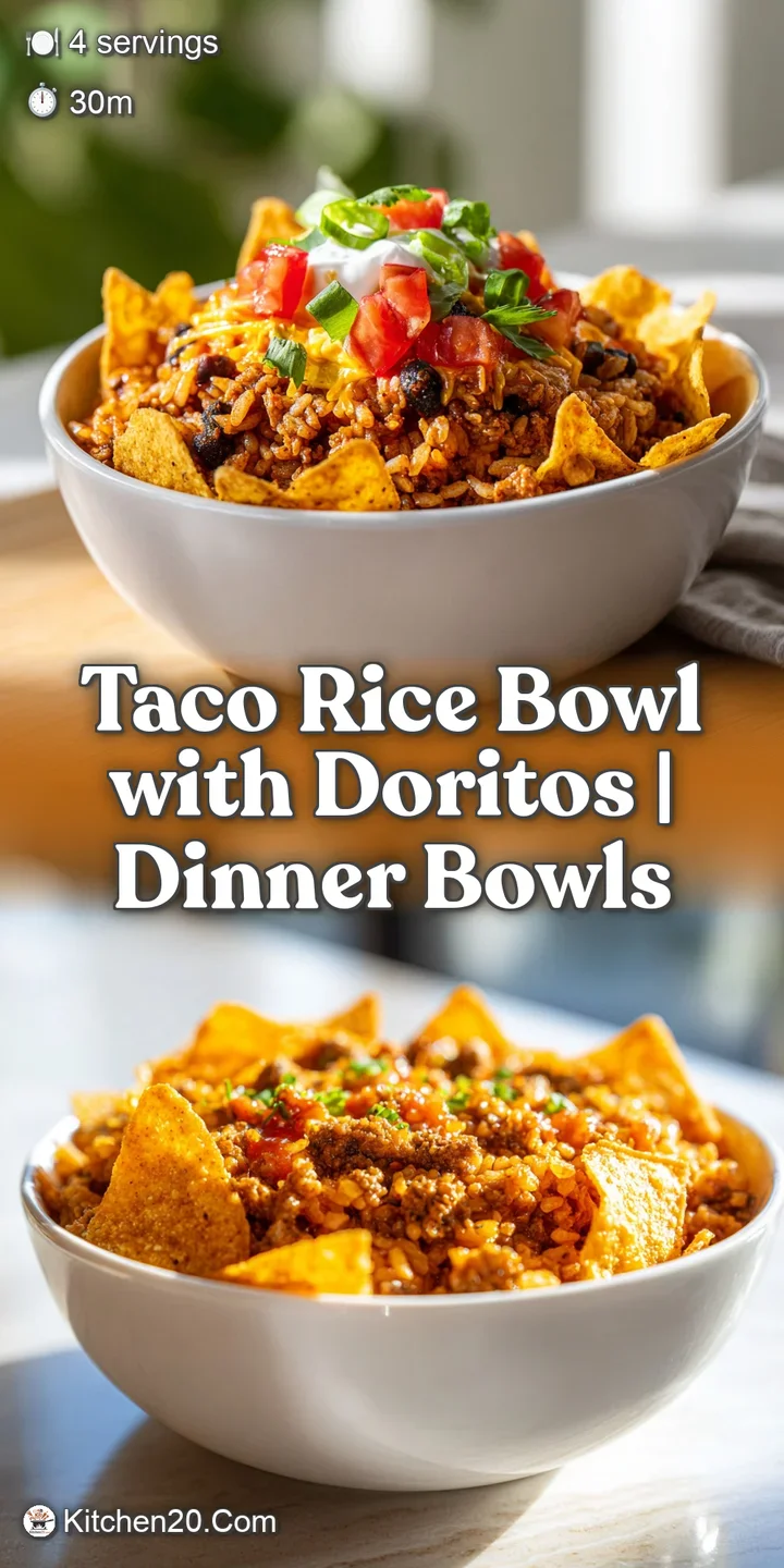 Close-up of a taco rice bowl; seasoned beef, melted cheese, and crushed Doritos create a mouthwatering and inviting compos...