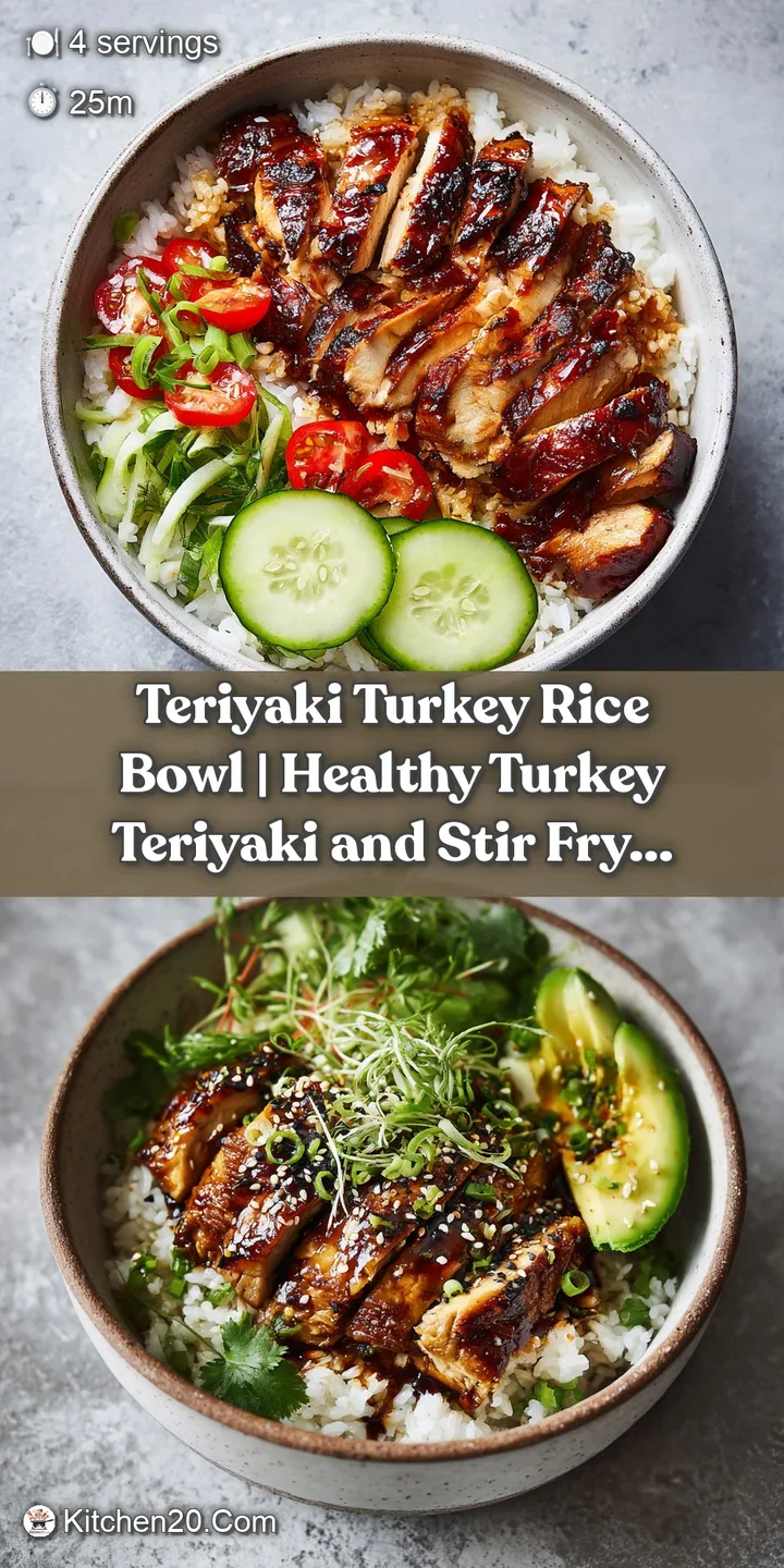 A close-up of glistening teriyaki-glazed turkey chunks piled high on fluffy white rice with vibrant green broccoli accents.