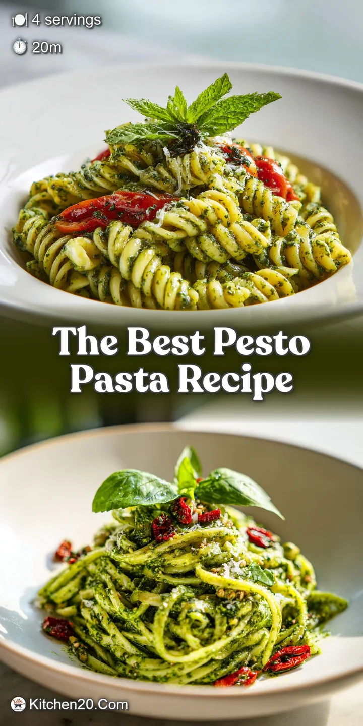 Close-up shows the rich, herbaceous green pesto clinging to the pasta, with hints of olive oil sheen and grated cheese.