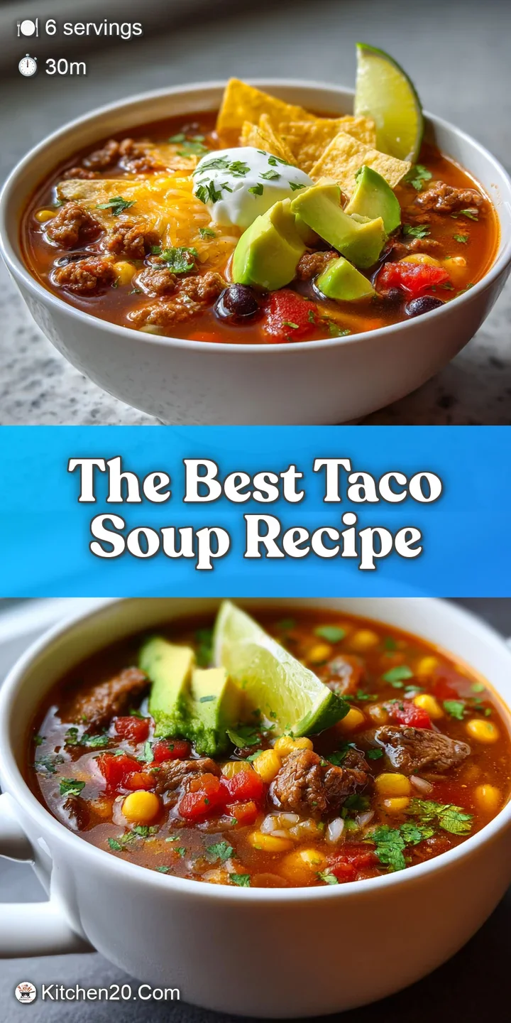 Close-up of steaming taco soup, showcasing the juicy ground beef and vibrant veggies in a savory, reddish-brown broth.